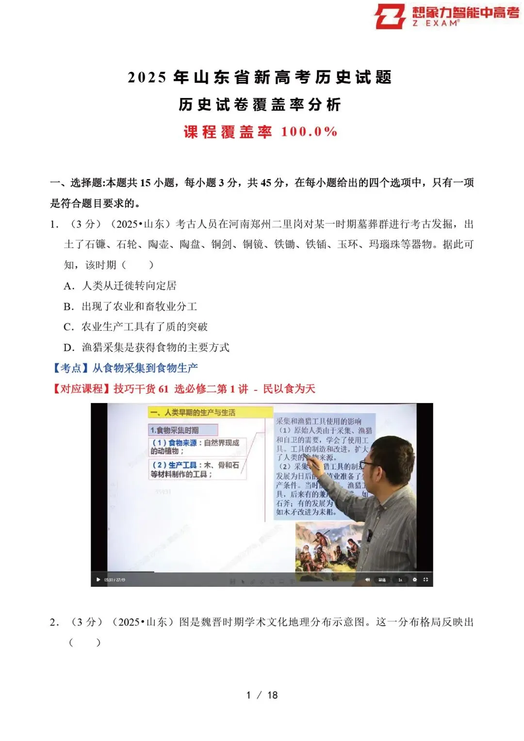 2025年山东省高考历史试卷覆盖率分析20250814-第2张图片-四季读书网