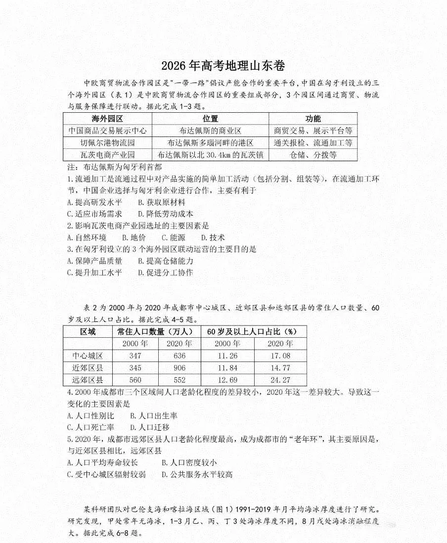 【地理教研|26年真题速递】2026年山东省高考地理真题网络版(附综合题评分细则)-第2张图片-四季读书网