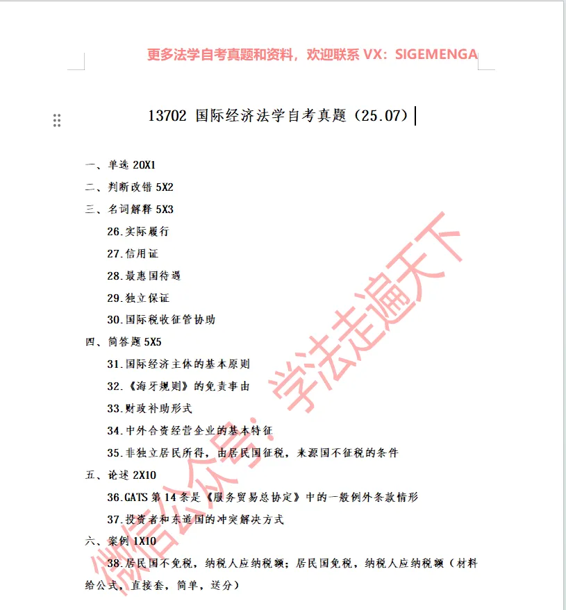 13702 国际经济法自考真题(25.07)-第1张图片-四季读书网