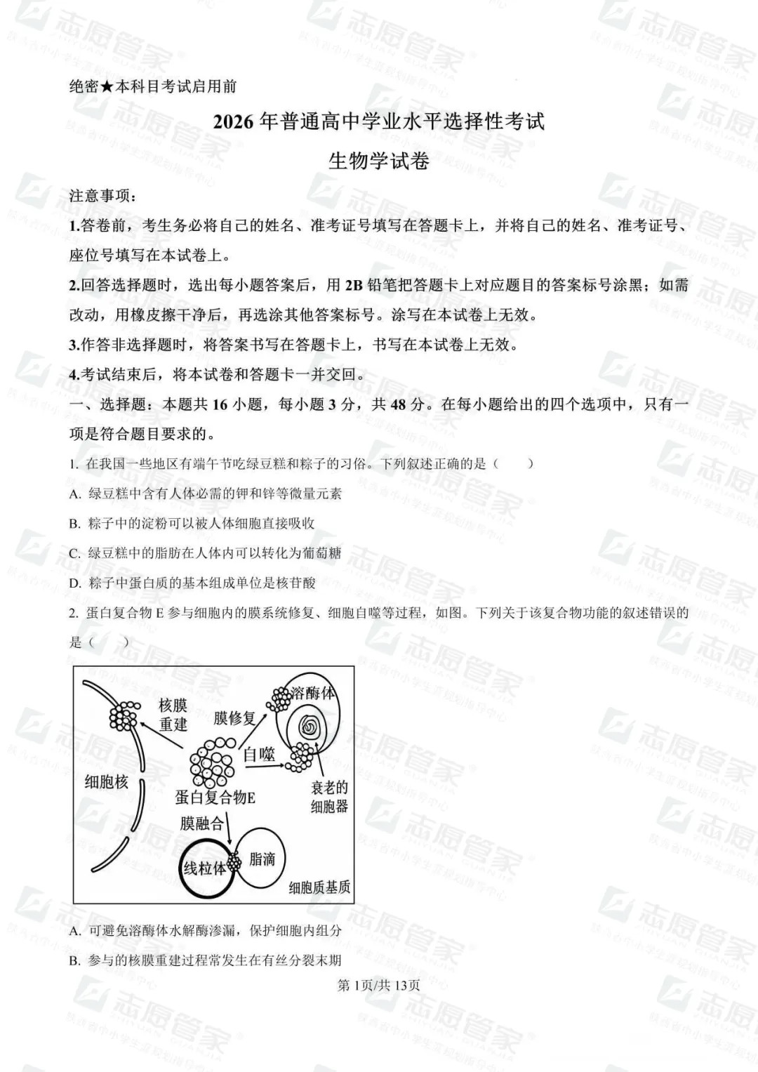 2026全国高考二卷生物试卷+答案【陕西适用】-第5张图片-四季读书网 2026全国高考二卷生物试卷+答案【陕西适用】-第5张图片-四季读书网