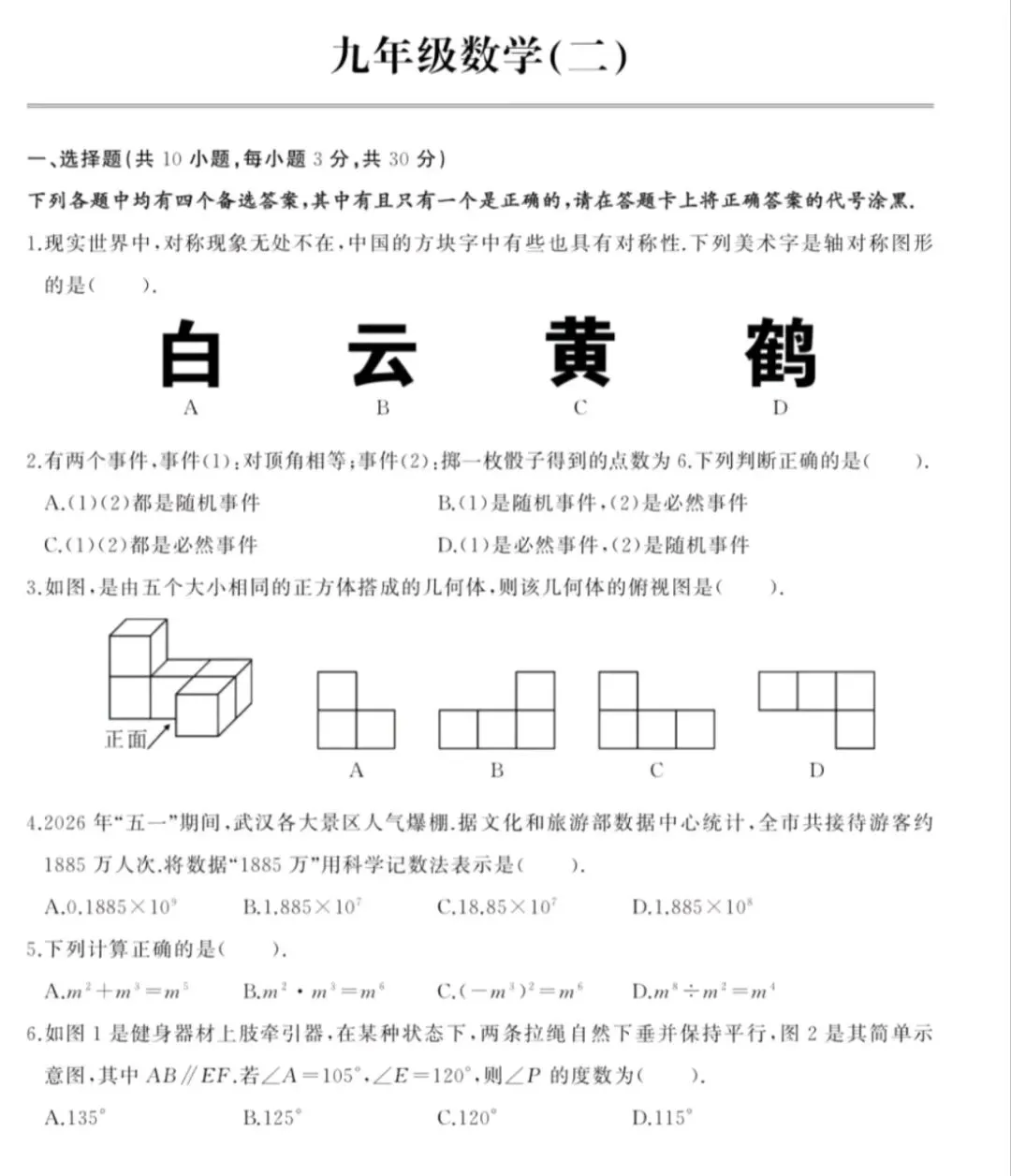 2026年江岸区九年级六月份中考模拟试卷二及解析-第1张图片-四季读书网
