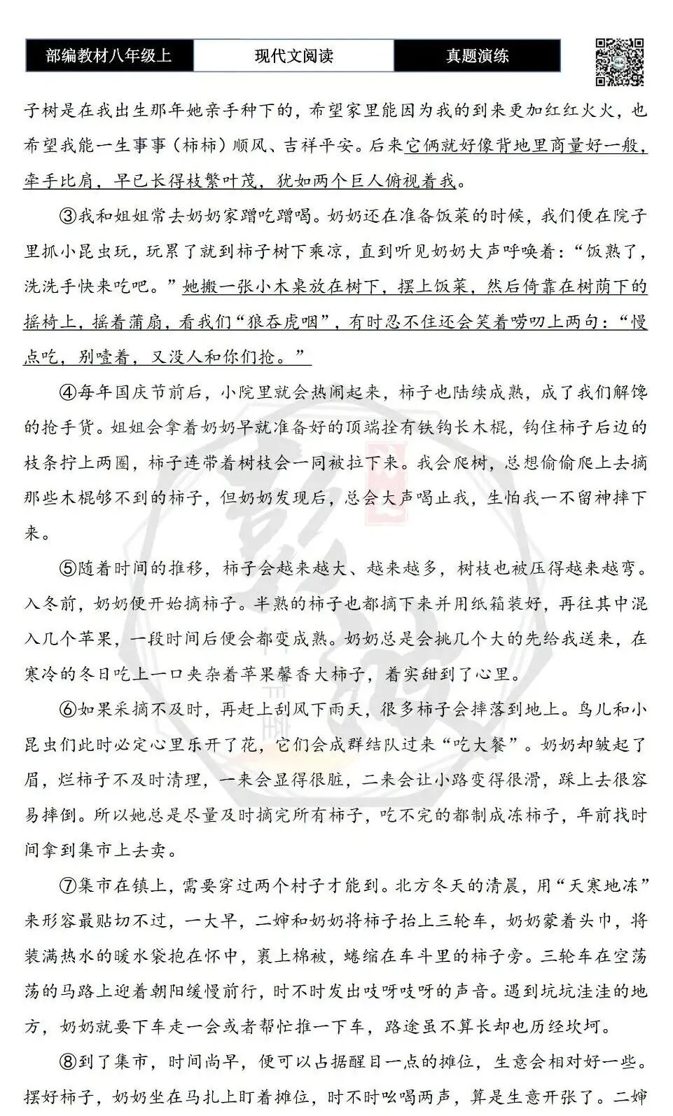 【现代文阅读-真题演练】八年级上-44-“柿”去的爱-思维导图+试题精析-第6张图片-四季读书网