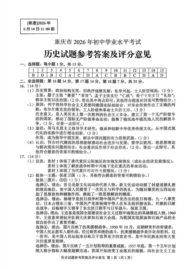 2026年重庆中考历史试卷及答案-第7张图片-四季读书网