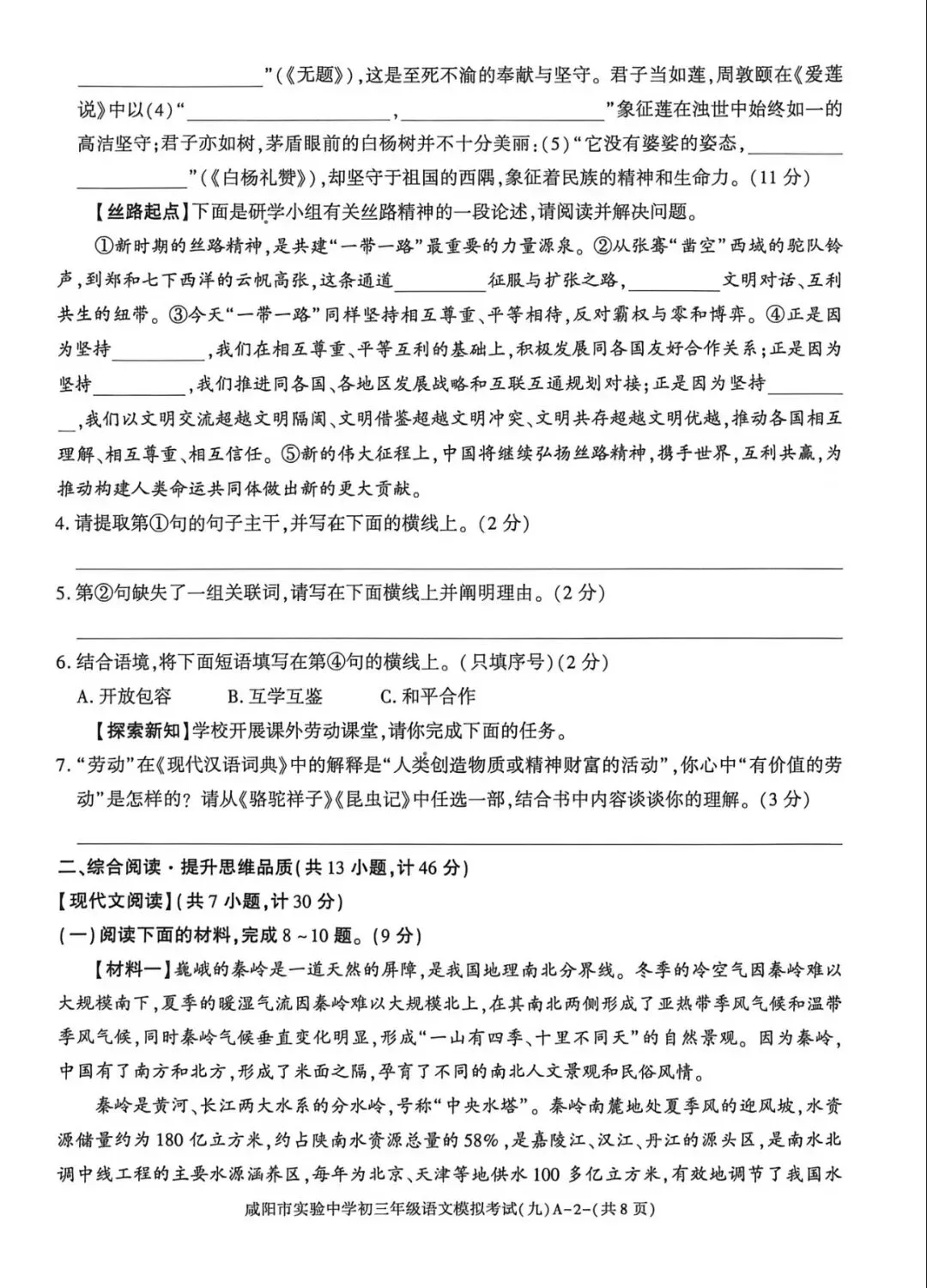 2026届咸阳市实验中学初三年级模拟考试(九)[试卷类型A] 各科试题及答案-第5张图片-四季读书网