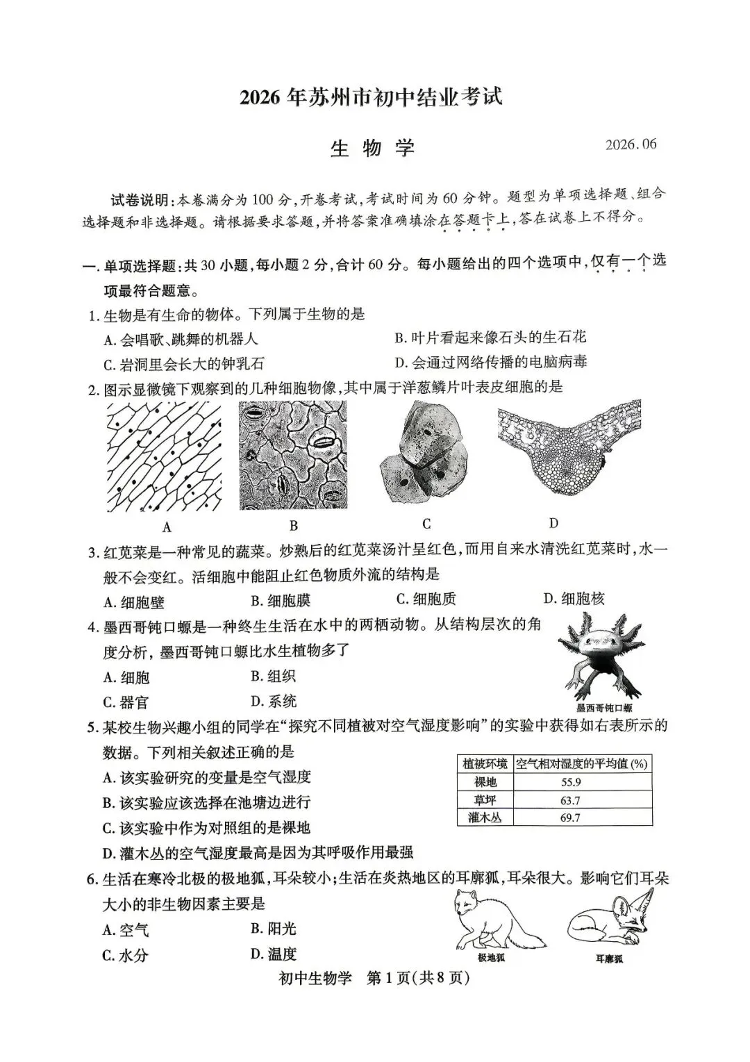 2026苏州会考 生物真题卷(含答案)-第1张图片-四季读书网