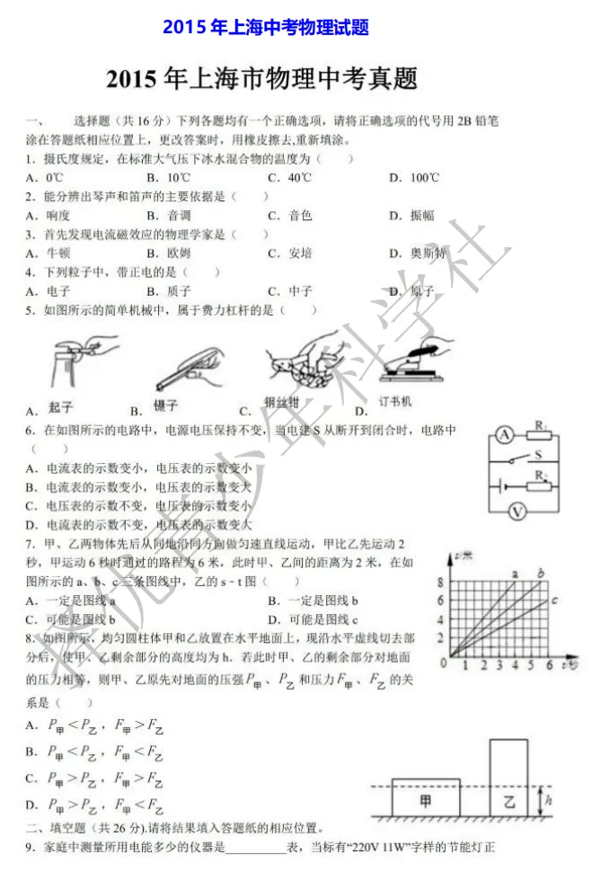 2015-2025年上海中考物理试卷及答案汇总-第3张图片-四季读书网