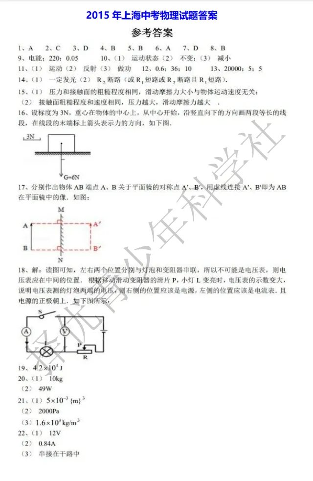 2015-2025年上海中考物理试卷及答案汇总-第4张图片-四季读书网
