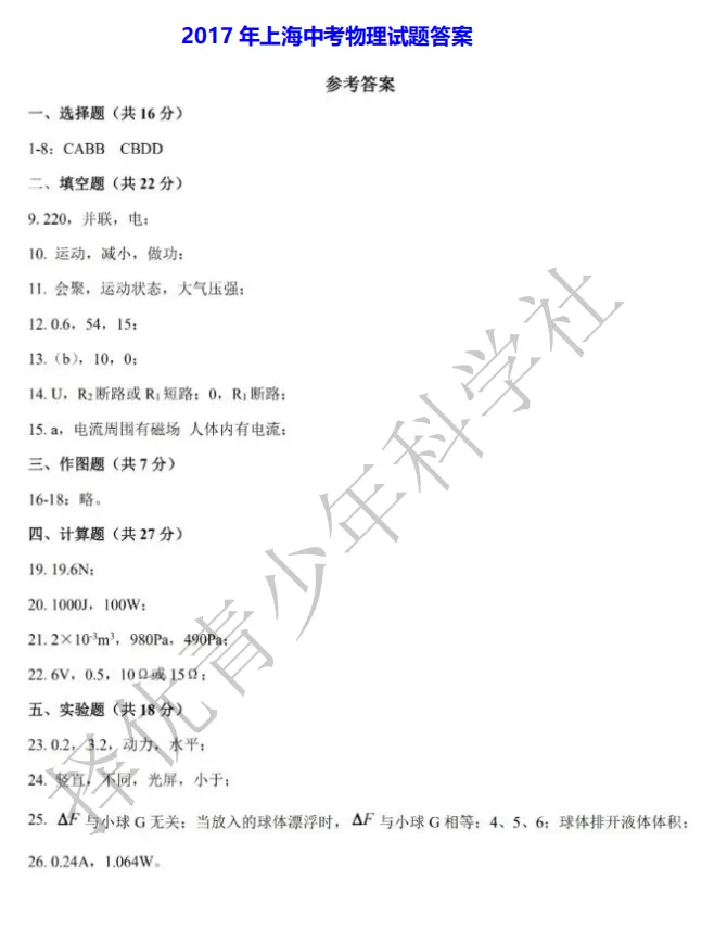2015-2025年上海中考物理试卷及答案汇总-第8张图片-四季读书网