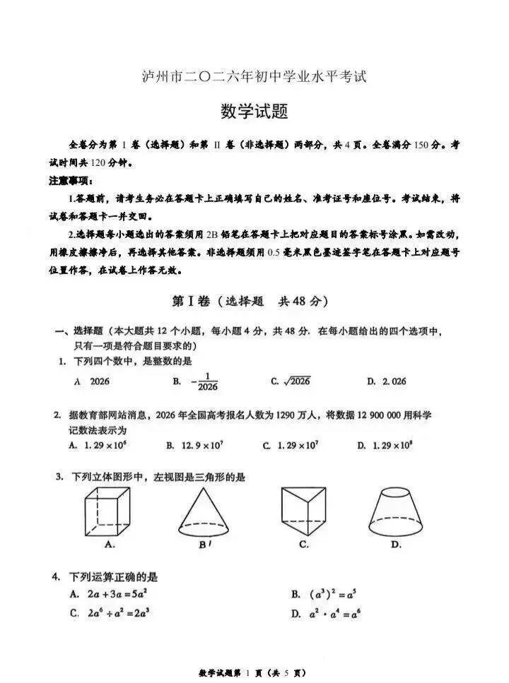2026年四川泸州中考全科真题试卷+参考答案解析 | PDF下载版-第10张图片-四季读书网 2026年四川泸州中考全科真题试卷+参考答案解析 | PDF下载版-第10张图片-四季读书网