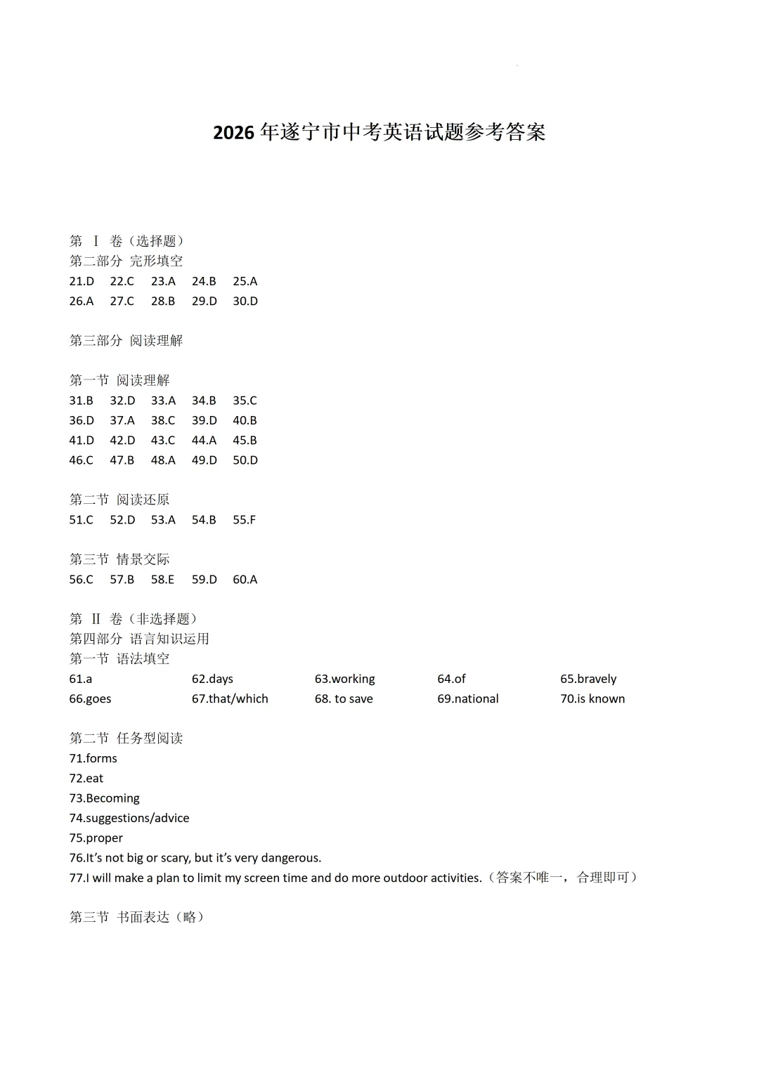 2026遂宁中考英语真题和答案-第14张图片-四季读书网