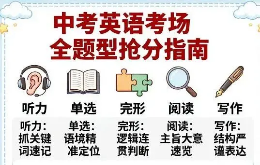 中考英语考场抢分指南:听力/单选/完形/阅读/写作全题型答题技巧全覆盖-第1张图片-四季读书网 中考英语考场抢分指南:听力/单选/完形/阅读/写作全题型答题技巧全覆盖-第1张图片-四季读书网