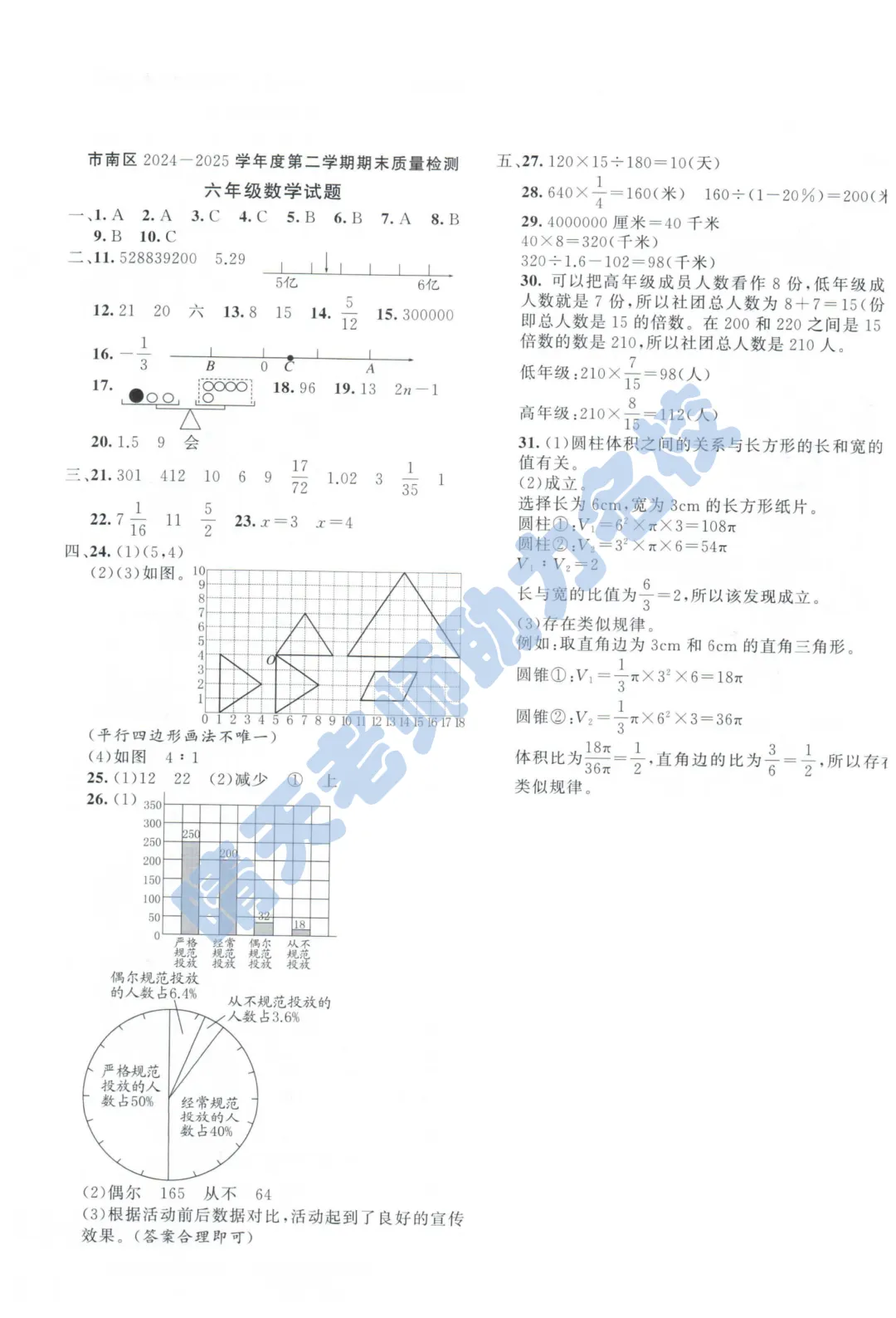 青岛六下数学市南区近三年小升初真题(高清版有答案)-第5张图片-四季读书网