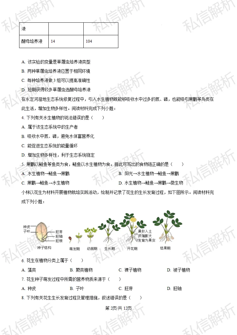 参考试卷--2024北京市丰台区初中生物中考真题-第2张图片-四季读书网