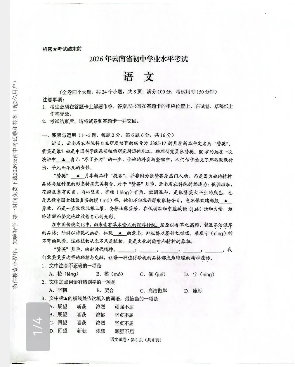 2026云南中考语文真题 || 在考场外面话青春-第2张图片-四季读书网 2026云南中考语文真题 || 在考场外面话青春-第2张图片-四季读书网