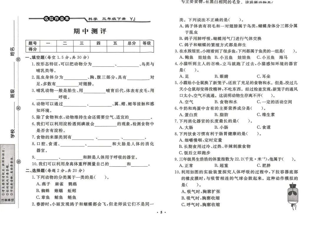 三年级下册粤教版科学期末复习试卷-第7张图片-四季读书网