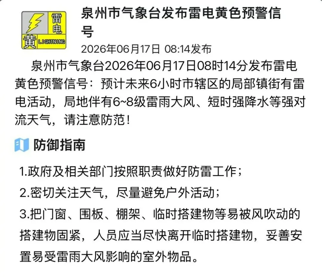 刚刚,泉州发布雷电黄色预警!端午、中考这几天天气→-第1张图片-四季读书网 刚刚,泉州发布雷电黄色预警!端午、中考这几天天气→-第1张图片-四季读书网