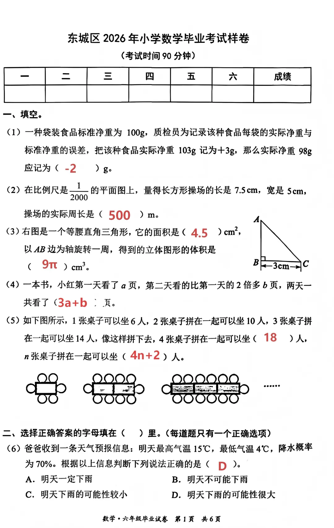 北京东城区2026年六年级小学数学毕业试卷及答案-第1张图片-四季读书网