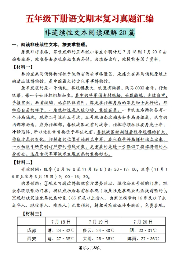 五年级下册语文期末复习真题汇编非连续性文本阅读理解20篇-第1张图片-四季读书网