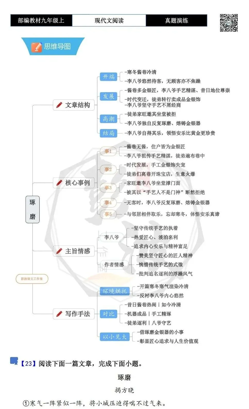 【现代文阅读-真题演练】九年级上-23-琢磨-思维导图+试题精析-第5张图片-四季读书网
