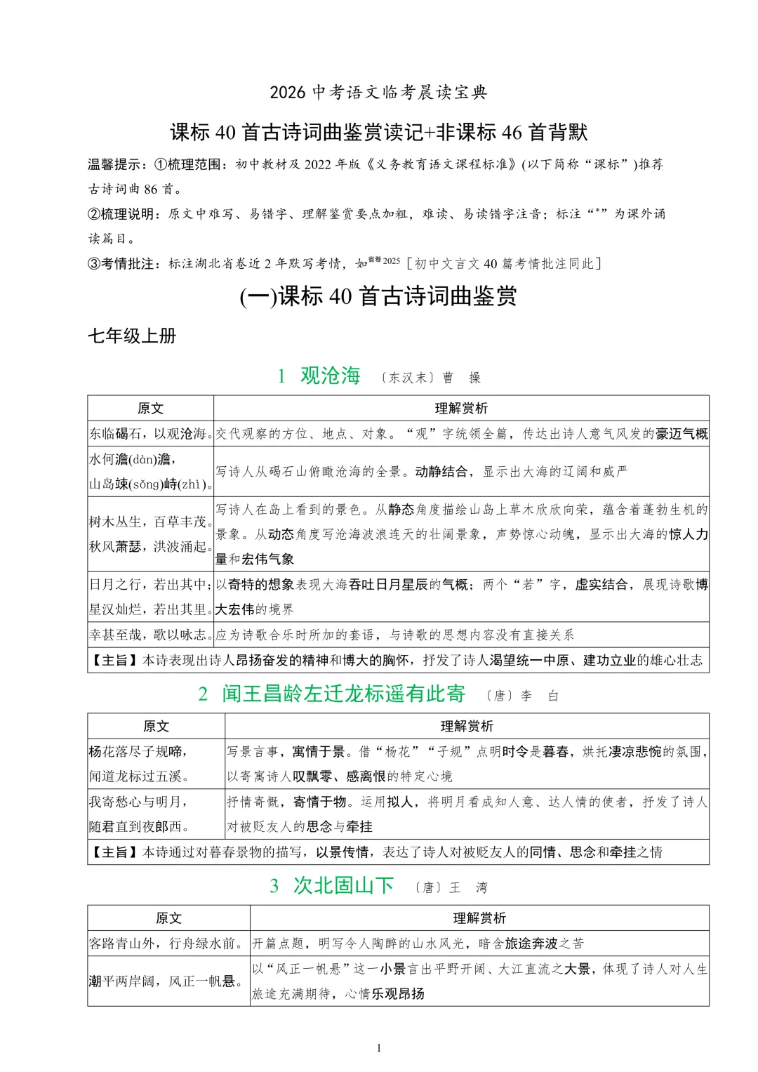 2026中考课标40首古诗词曲鉴赏-第2张图片-四季读书网
