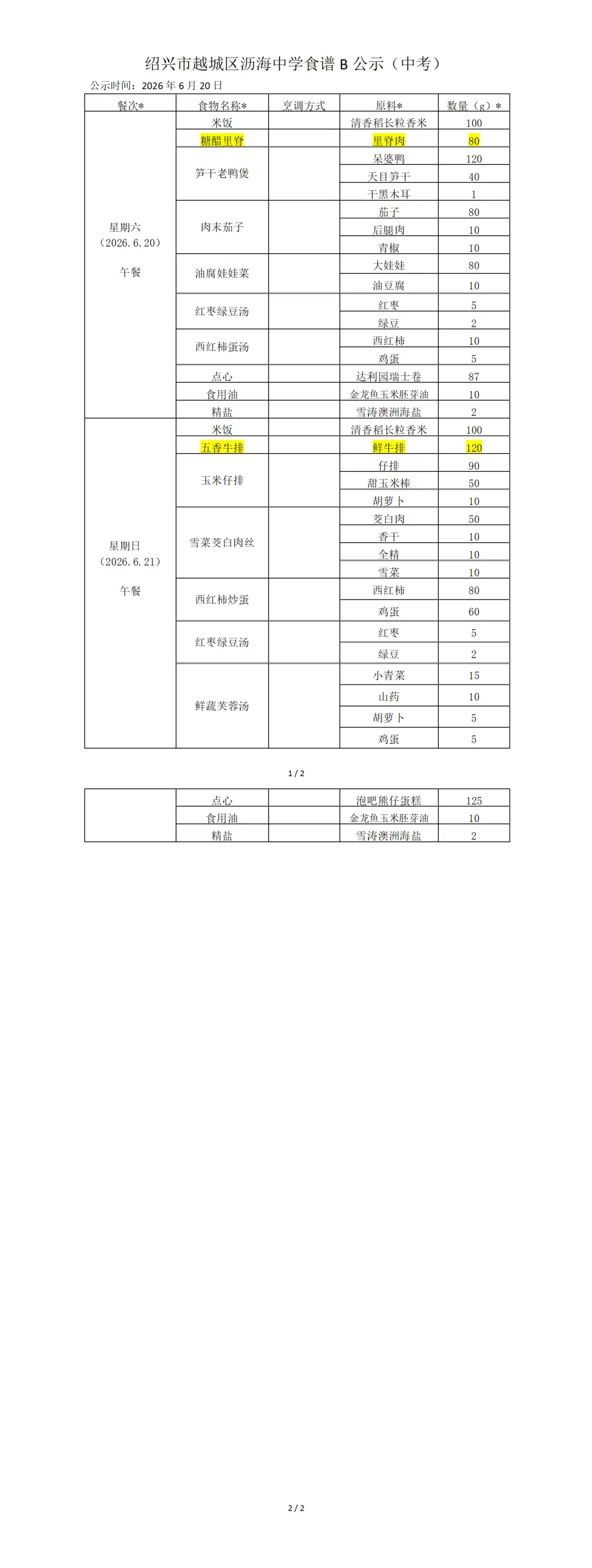 沥海中学食谱B公示(中考)-第1张图片-四季读书网
