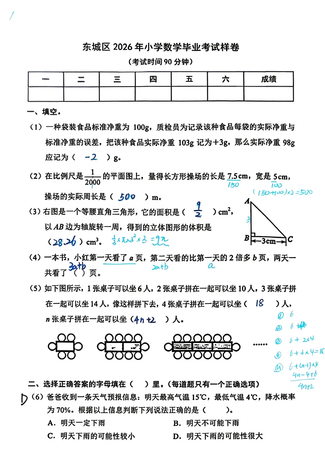 2026北京东城区小学六年级数学期末试卷-第1张图片-四季读书网