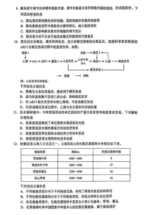 云南省2026年生物高考真题-第2张图片-四季读书网