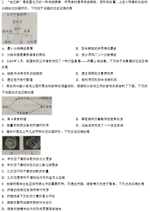 2026山东中考「生物」真题!-第5张图片-四季读书网 2026山东中考「生物」真题!-第5张图片-四季读书网