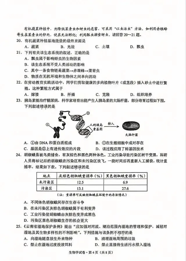 2026年云南会考【生物+地理】试卷及答案-第6张图片-四季读书网 2026年云南会考【生物+地理】试卷及答案-第6张图片-四季读书网