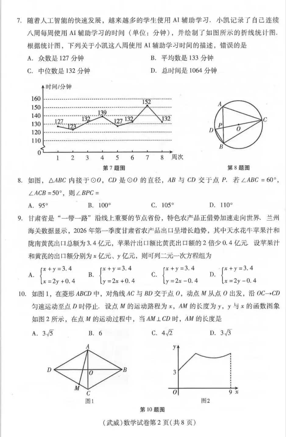 甘肃武威市2026学业水平考试数学试卷-第2张图片-四季读书网