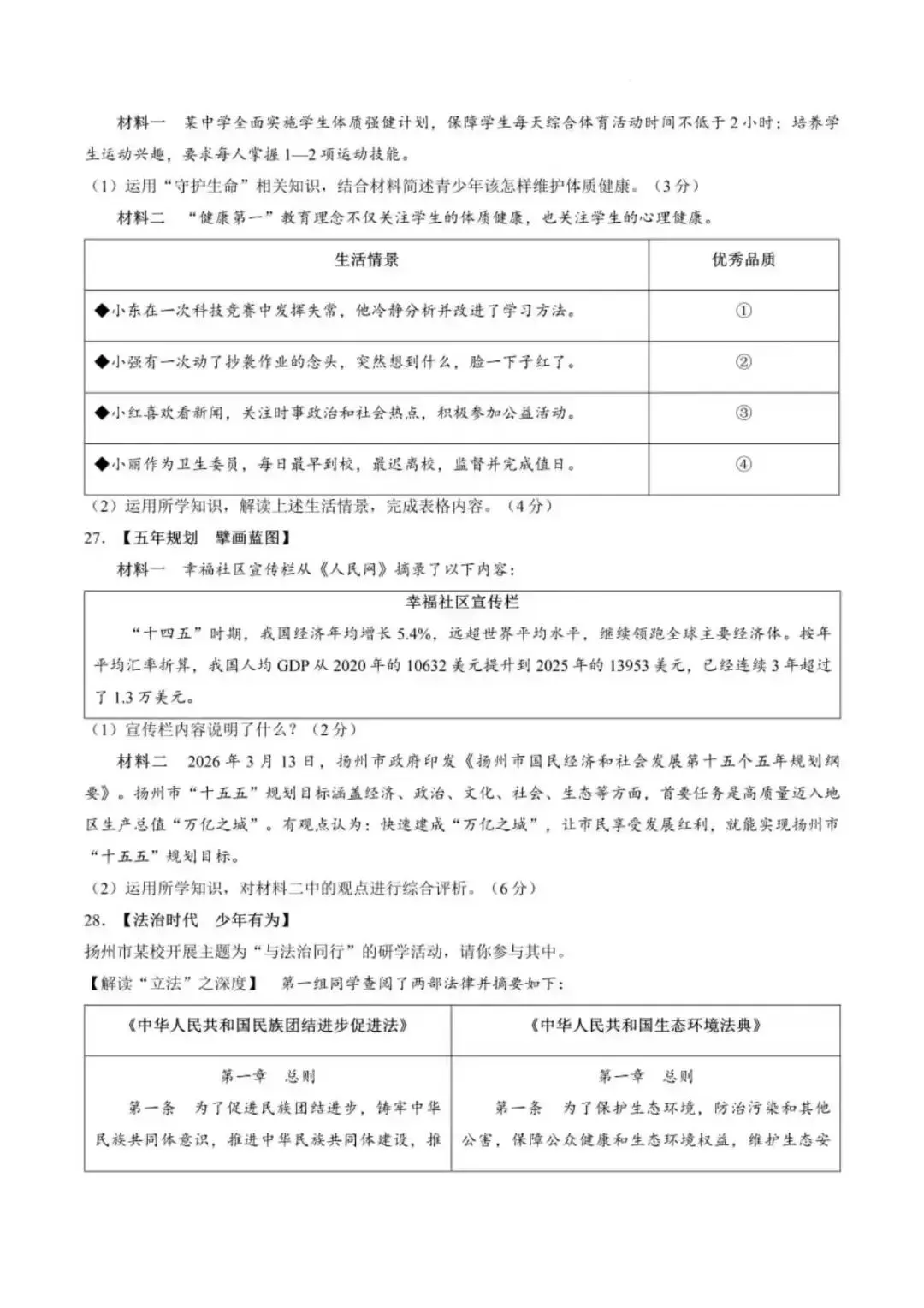 [中考真题10]江苏省扬州市2026年中考试题及参考答案-第5张图片-四季读书网