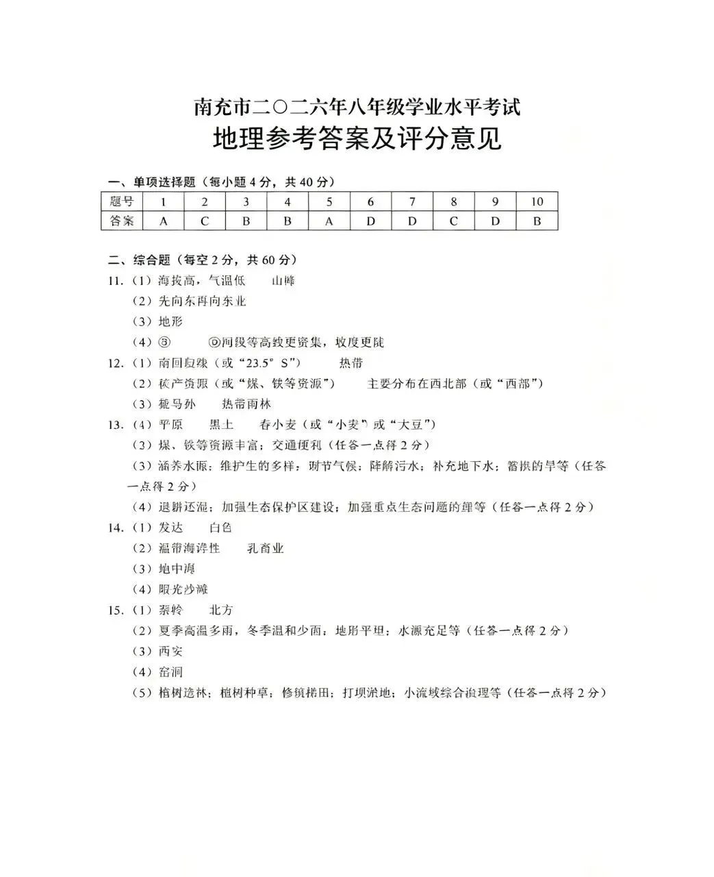 中考真题:2026年南充地理学业水平考试地理真题(附参考答案)-第7张图片-四季读书网