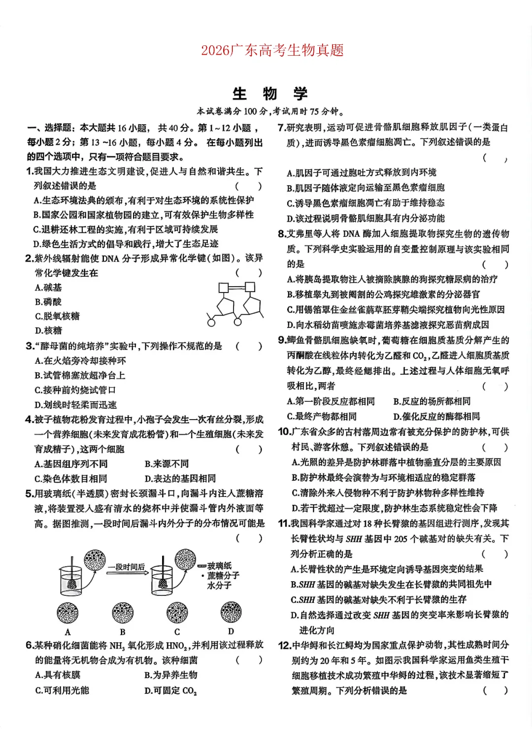 2026广东高考生物真题-第1张图片-四季读书网