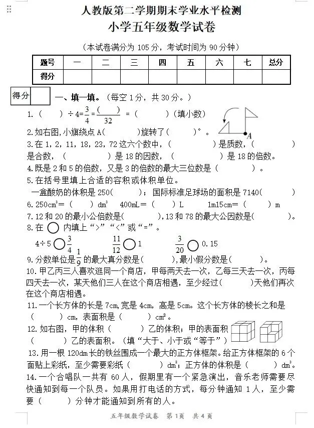 【第91期】人教版五年级第二学期期末试卷-第1张图片-四季读书网
