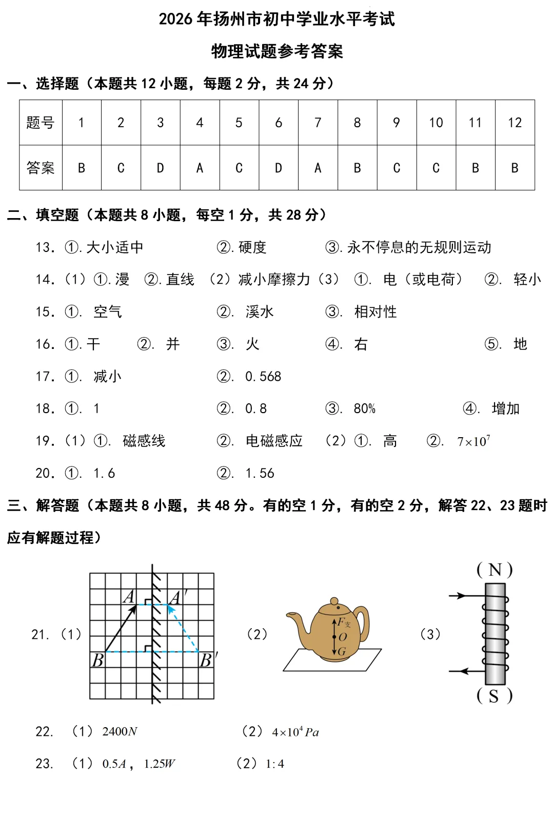 中考真题 | 江苏省扬州市2026年初中学业水平考试物理试题-第8张图片-四季读书网