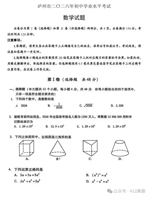 中考真题原卷:泸州市2026年中考全7学科试题(无答案)-第11张图片-四季读书网