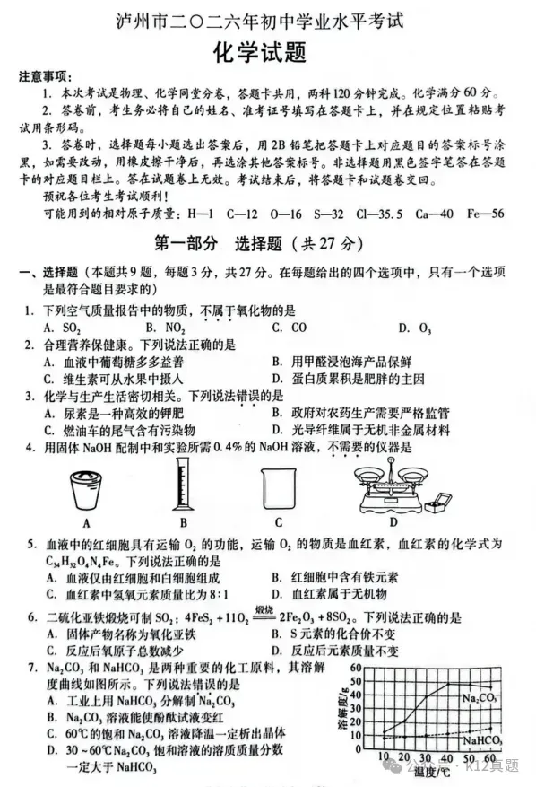 中考真题原卷:泸州市2026年中考全7学科试题(无答案)-第41张图片-四季读书网
