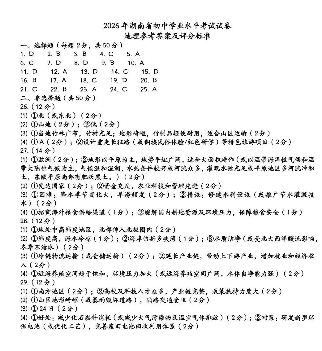 2026年湖南省中考生地试卷及参考答案-第17张图片-四季读书网 2026年湖南省中考生地试卷及参考答案-第17张图片-四季读书网