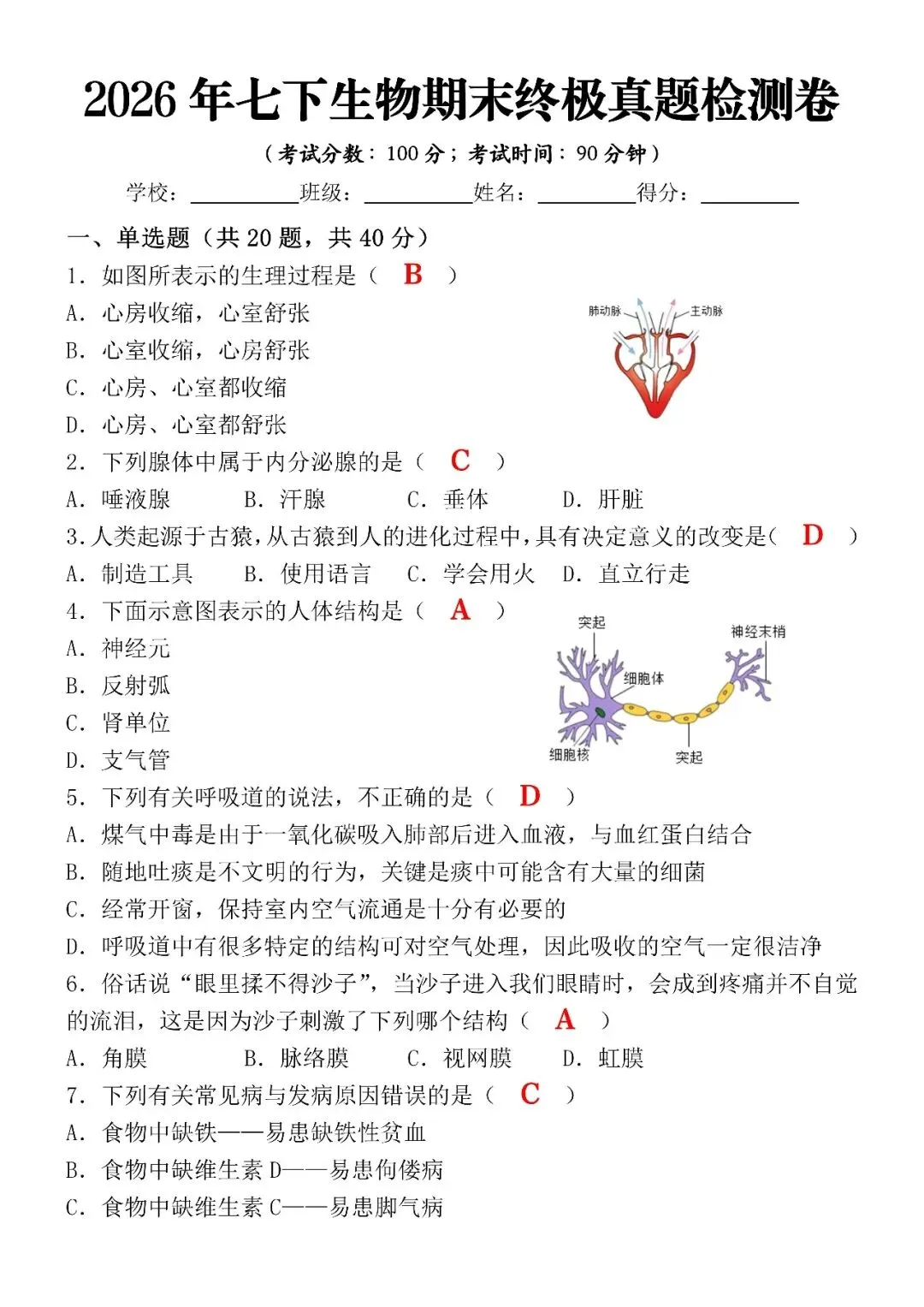 2026年七下生物期末终极真题检测卷(含答案),七年级的家长可打印给孩子!-第4张图片-四季读书网 2026年七下生物期末终极真题检测卷(含答案),七年级的家长可打印给孩子!-第4张图片-四季读书网