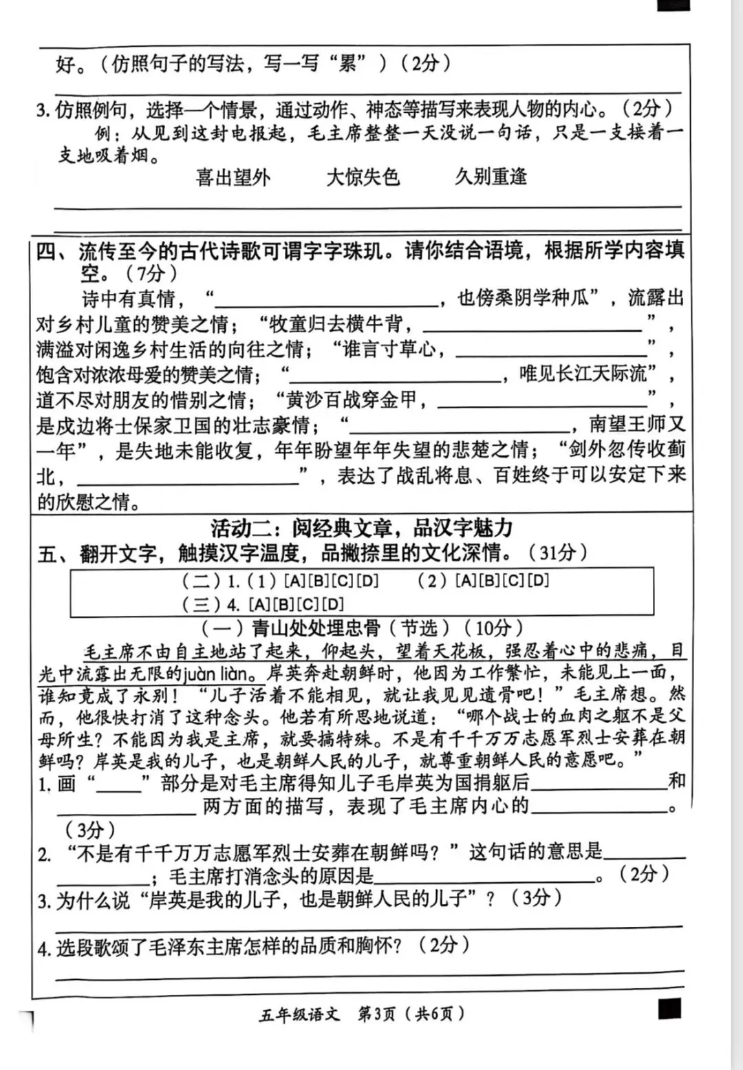 五下语文期末考试卷子(试卷及答案)-第3张图片-四季读书网