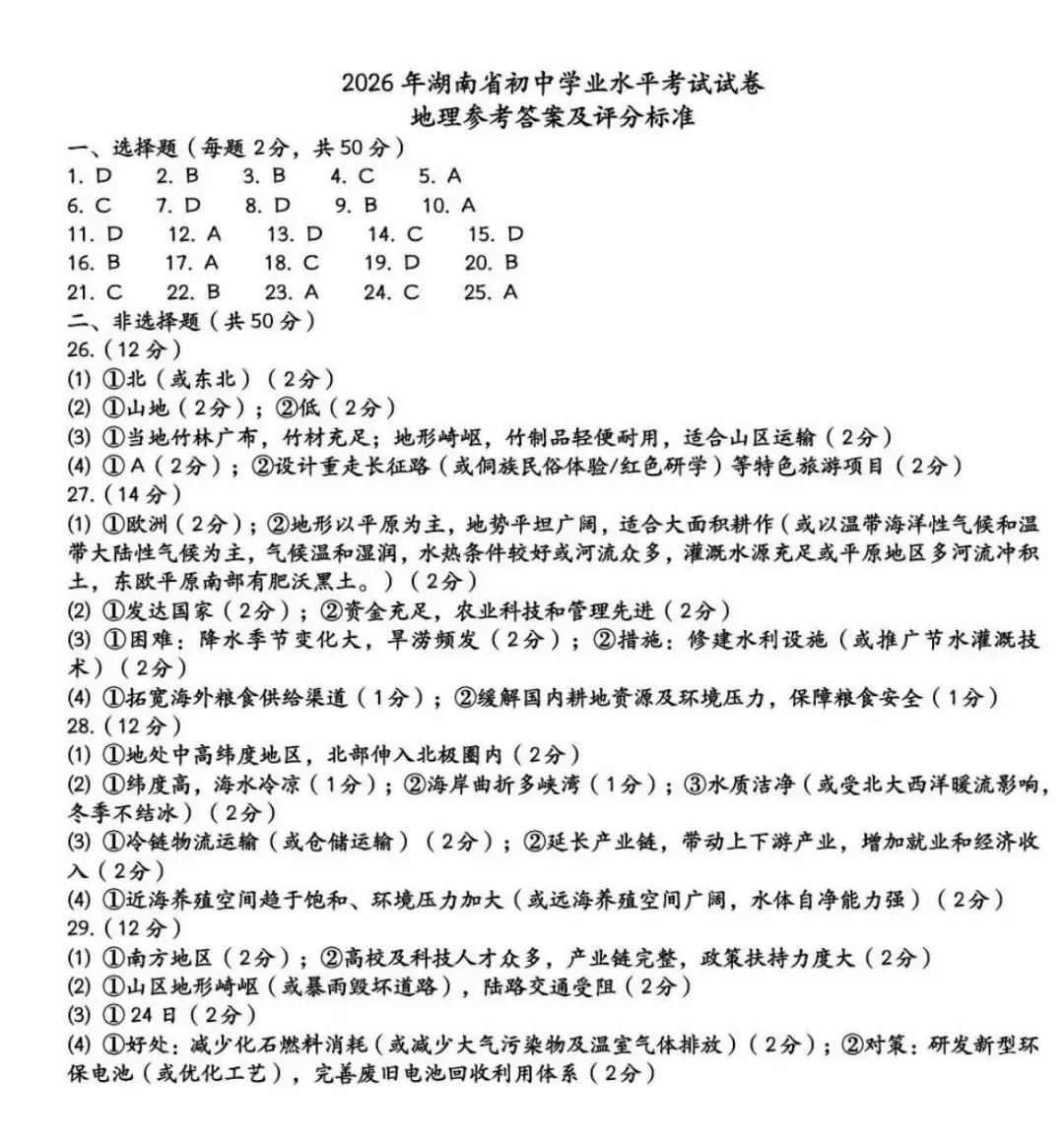 26届湖南中考地理试卷(含答案)-第9张图片-四季读书网