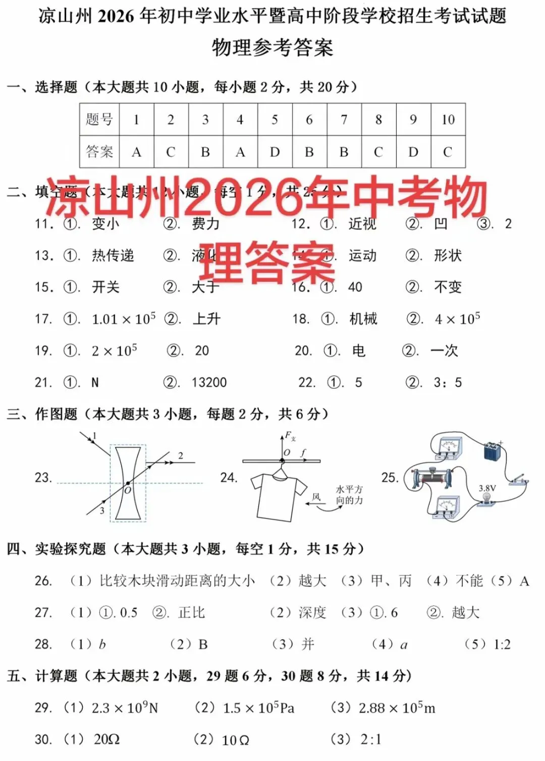 凉山州26年中考物理试卷及答案-第1张图片-四季读书网