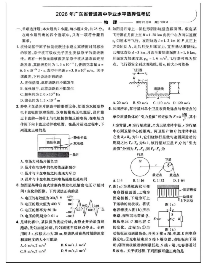 【真题速递】2026年高考物理广东卷-第1张图片-四季读书网 【真题速递】2026年高考物理广东卷-第1张图片-四季读书网