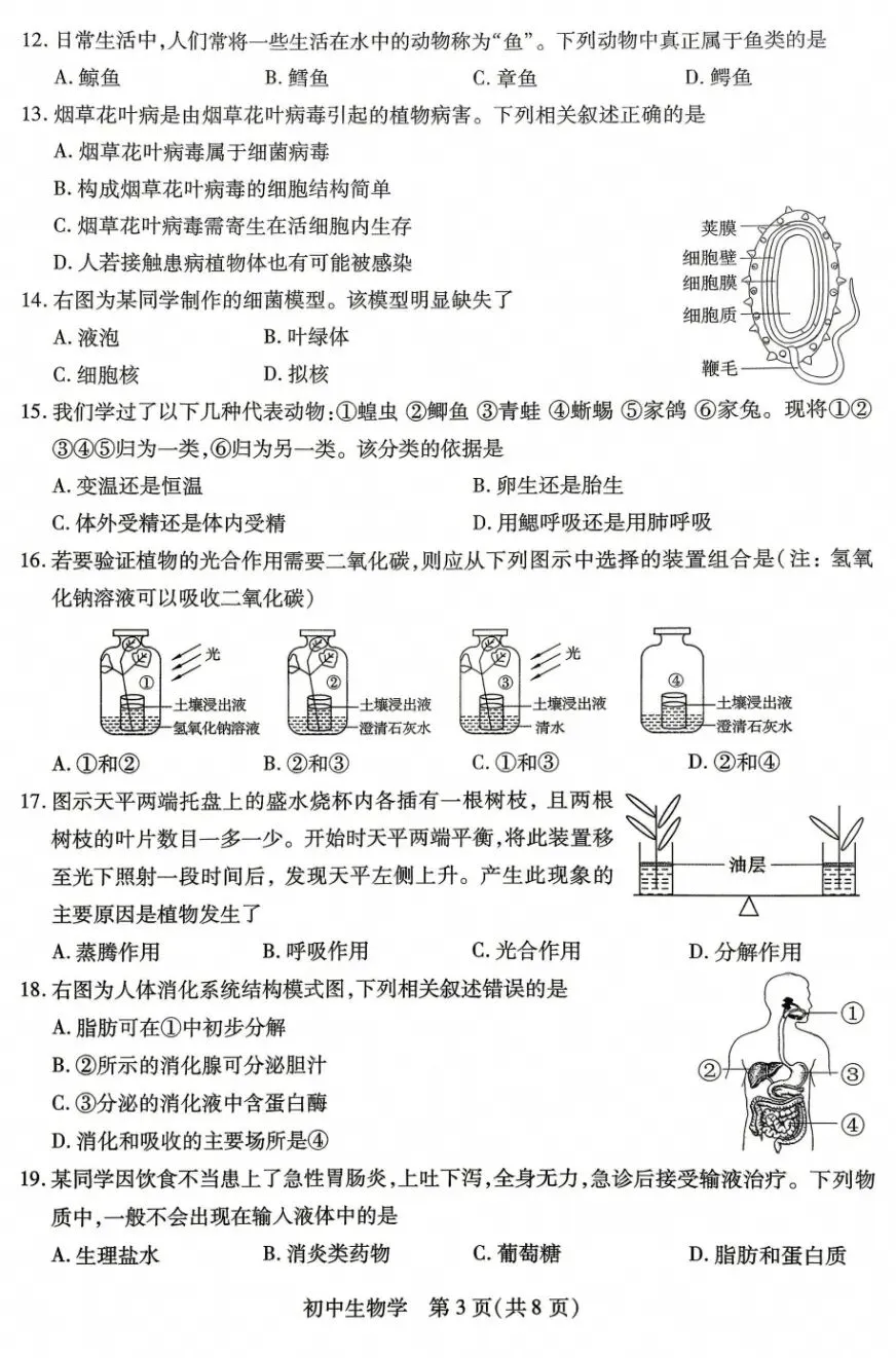中考真题速递:2026江苏苏州学业水平考试生物学试卷+参考答案 有pdf文档-第4张图片-四季读书网 中考真题速递:2026江苏苏州学业水平考试生物学试卷+参考答案 有pdf文档-第4张图片-四季读书网