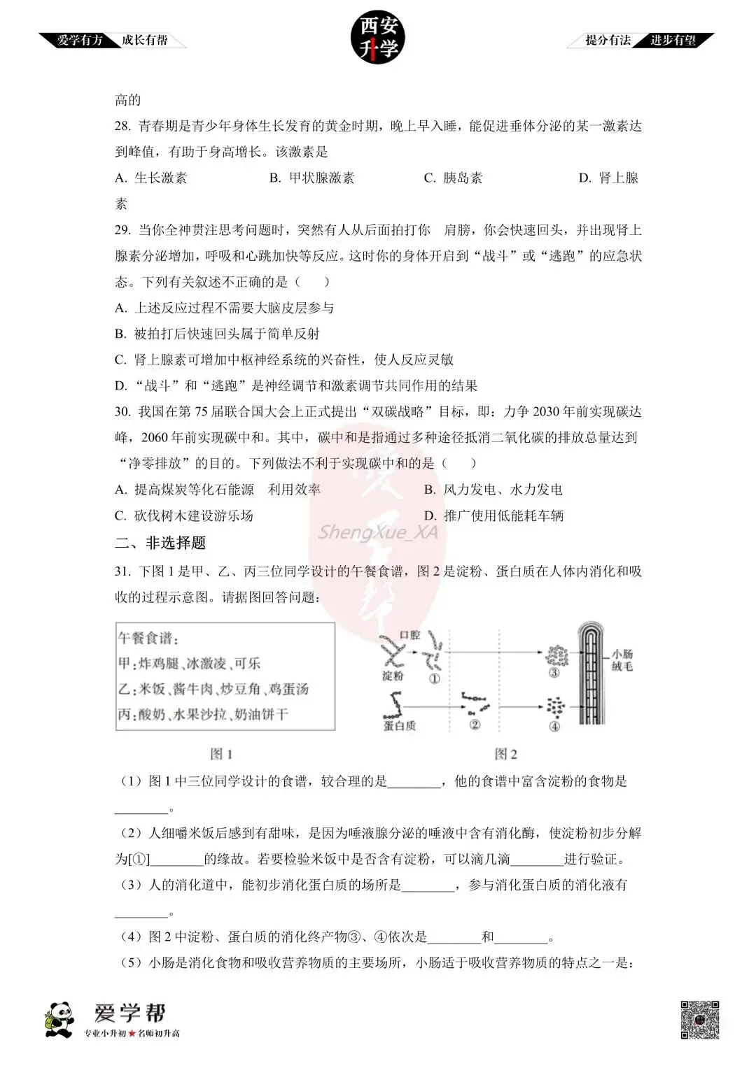 【初中名校 往年真题】七下期末:铁一中~生物(含答案)-第7张图片-四季读书网