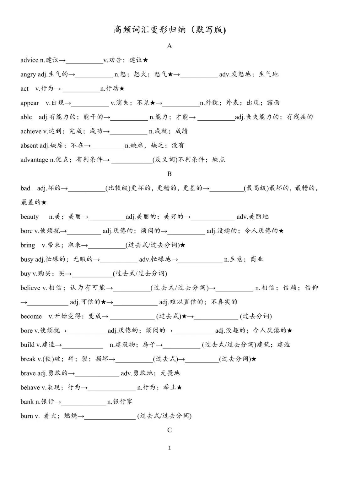 中考英语高频词汇变形归纳,含默写版和背诵版,可下载打印~-第6张图片-四季读书网