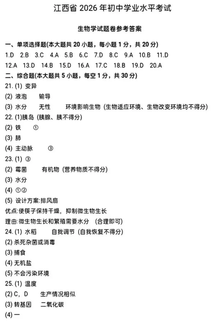 中考试卷:2026年江西省中考生物试卷+参考答案-第6张图片-四季读书网