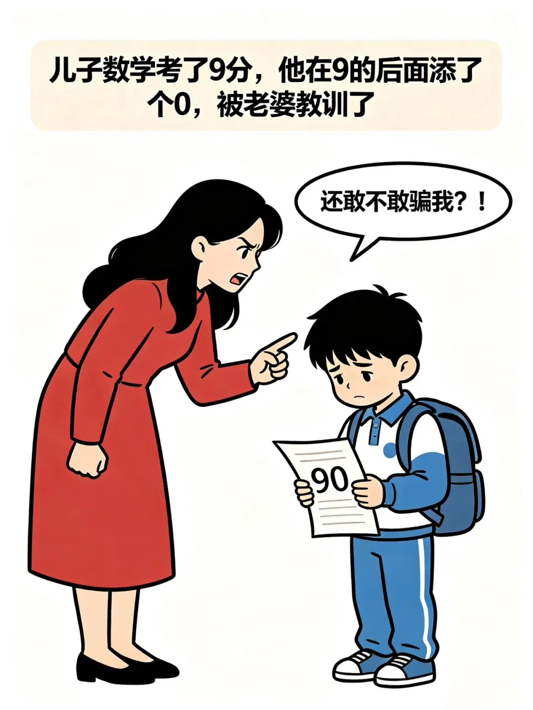 儿子数学试卷考9分,他在9后面添上0,被老婆教训了.他哭着跑到我面前:爸爸,你能不能换个老婆,换成小明的妈妈,好不好?我:为啥呢…-第1张图片-四季读书网