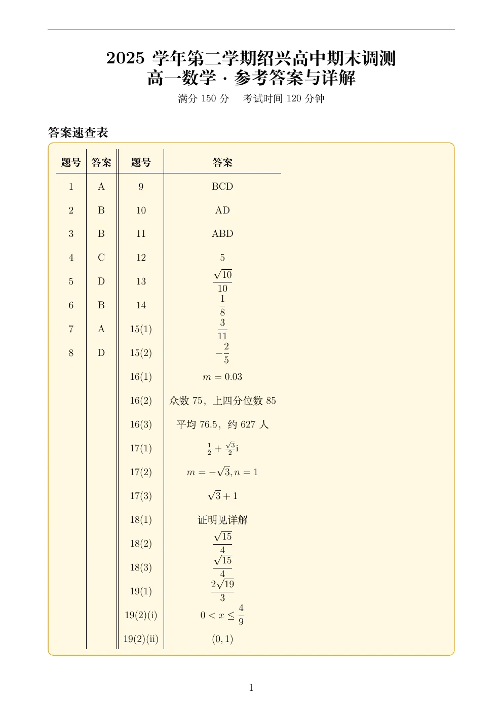 最新!绍兴市高一期末数学真题试卷+全解析-第1张图片-四季读书网