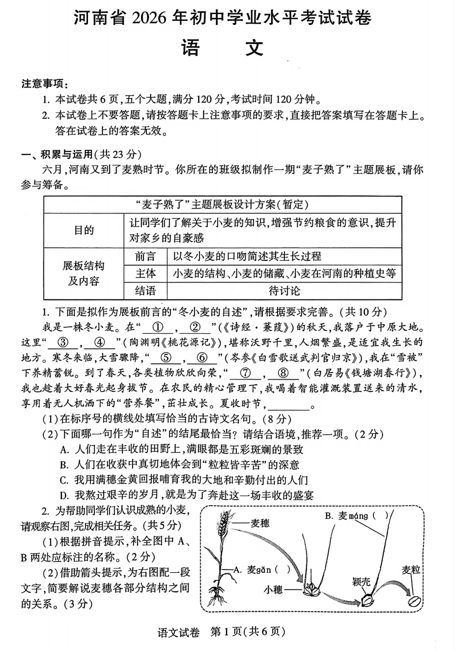 2026年中考语文真题——河南卷-第2张图片-四季读书网